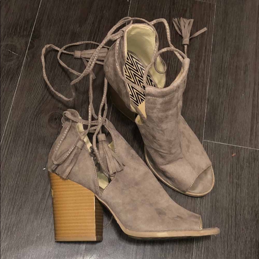faux suede booties with lace up tassels